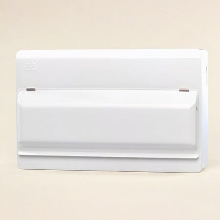 A white metal wall-mounted electrical consumer unit cover with a triangular warning symbol on the top left, shown against a solid light beige background.