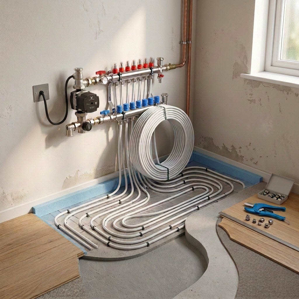 Underfloor heating system installation in a room corner, showing a manifold with red and blue valves, a coiled white pipe, and a serpentine heat trace loop on a concrete floor, with tools on a workbench nearby.
