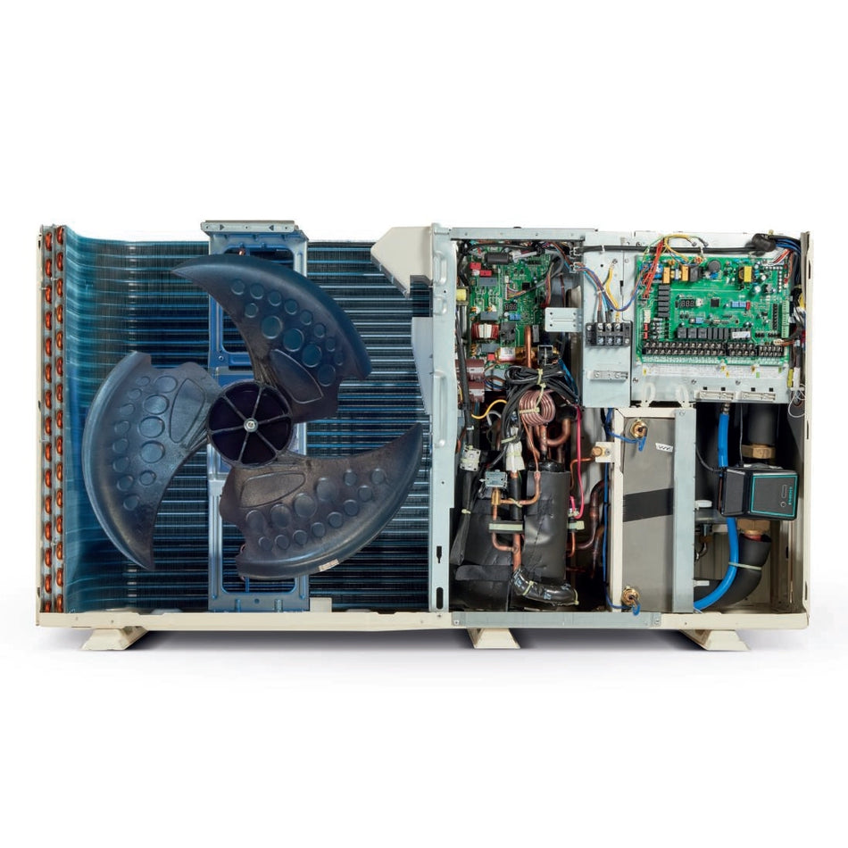 Worcester Bosch Compress 2000 AWF 1Phase 8kW Air Source Heat Pump showing internal components and fan design.
