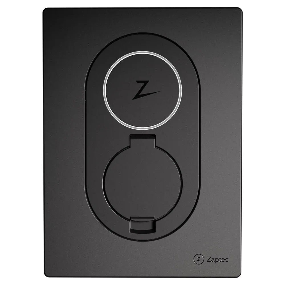 Black wall outlet with circular design and Zaptec logo on a white background