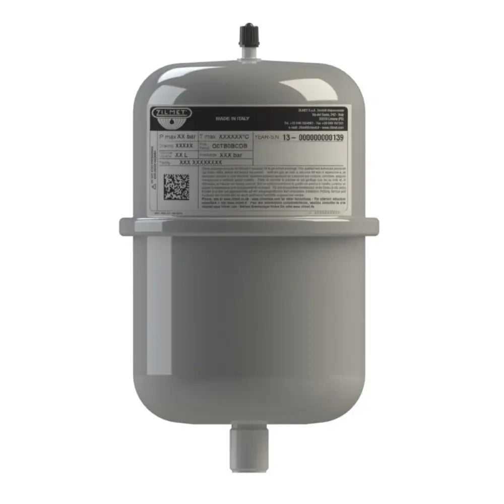 Gray zilmet pressure vessel with labels on a white background