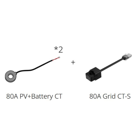 Two electrical components labeled '80A PV+Battery CT' and '80A Grid CT-S' on a white background.