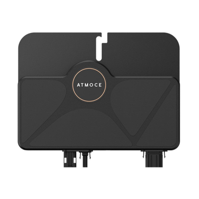 Black micro inverter with 'ATMOCE' branding on a white background