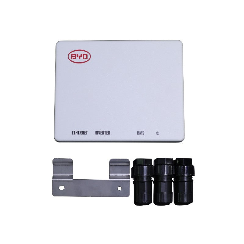 BYD inverter with Ethernet, Inverter, and BMS labels on a white background