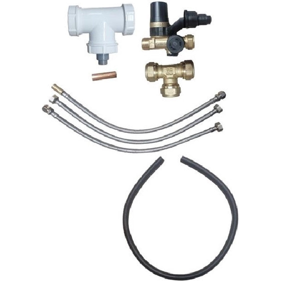 Set of plumbing components for fitting water heaters including valves, hoses, and connectors on a white background