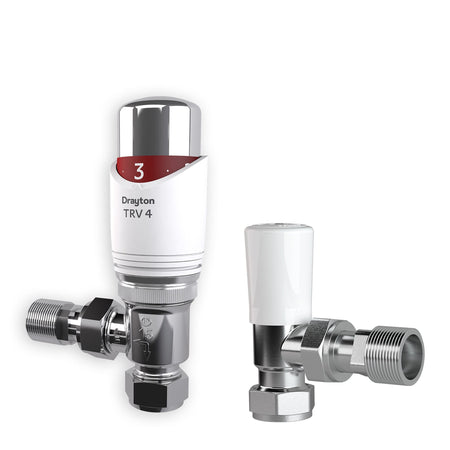 Chrome radiator valve with white actuator on a white background
