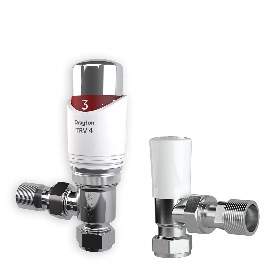 Chrome radiator valve with white actuator on a white background