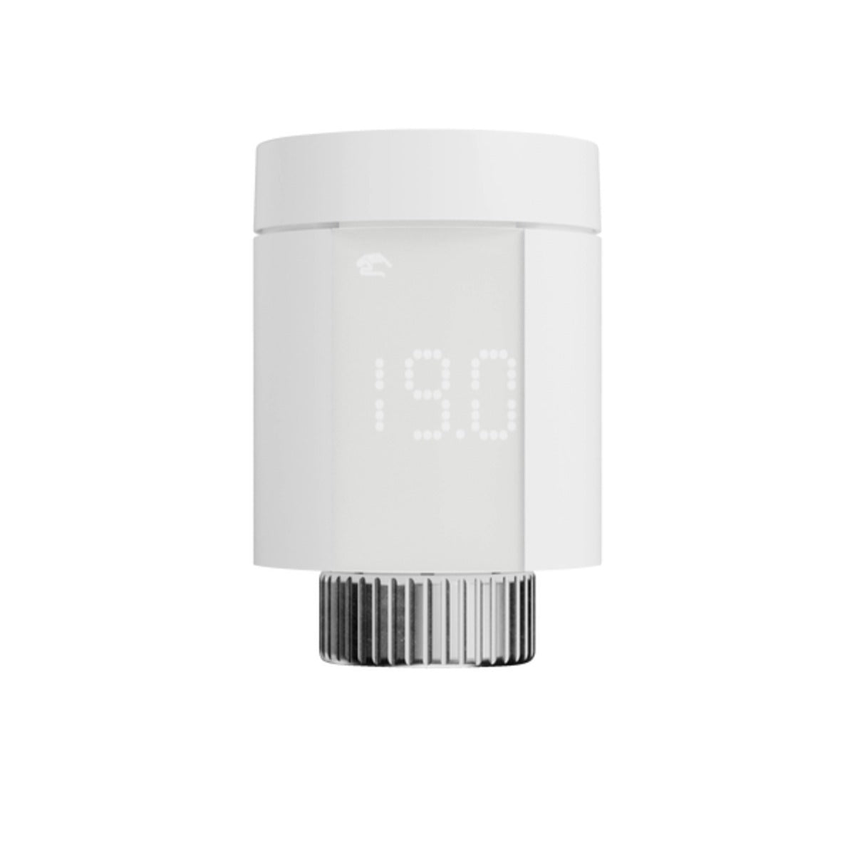 Delta Dore white cylindrical smart radiator valve with a digital LED display showing '19.0' and a silver ribbed base, isolated on a white background.
