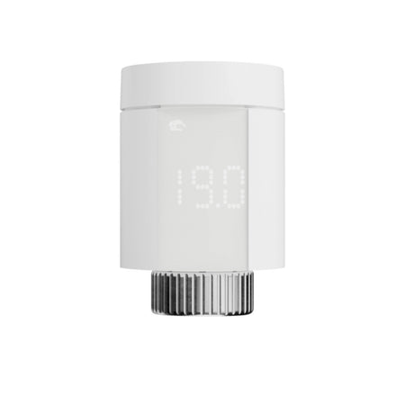 Delta Dore white cylindrical smart radiator valve with a digital LED display showing '19.0' and a silver ribbed base, isolated on a white background.