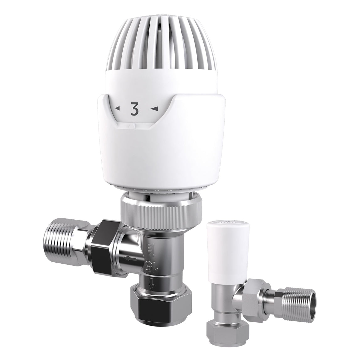 Chrome and white radiator valve with temperature control on a white background