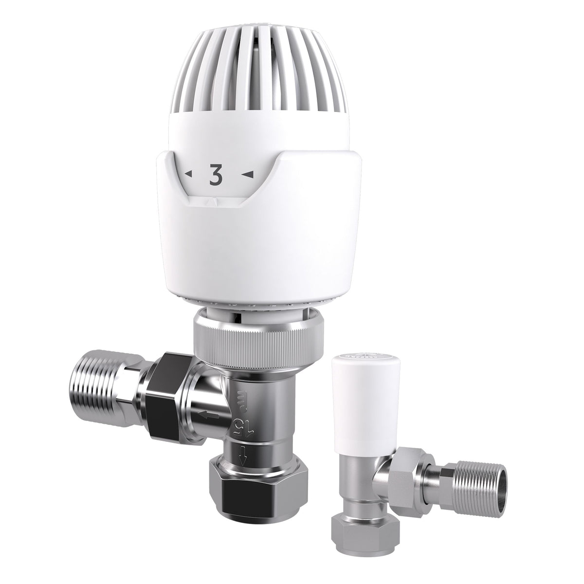 Chrome and white radiator valve with temperature control on a white background
