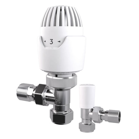 Chrome and white radiator valve with temperature control on a white background
