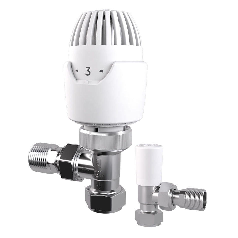 Chrome and white radiator valve with temperature control on a white background