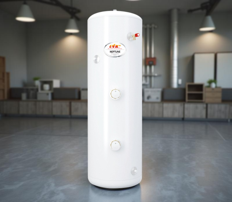 EHC Neptune 150L Direct Stainless Steel Unvented Cylinder in a modern home setting.