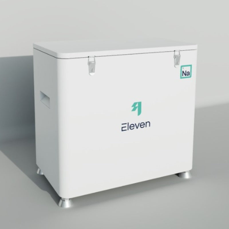 White freezer with 'Eleven' and 'Na' logos on a gray background