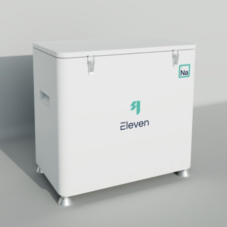 White freezer with 'Eleven' and 'Na' logos on a gray background