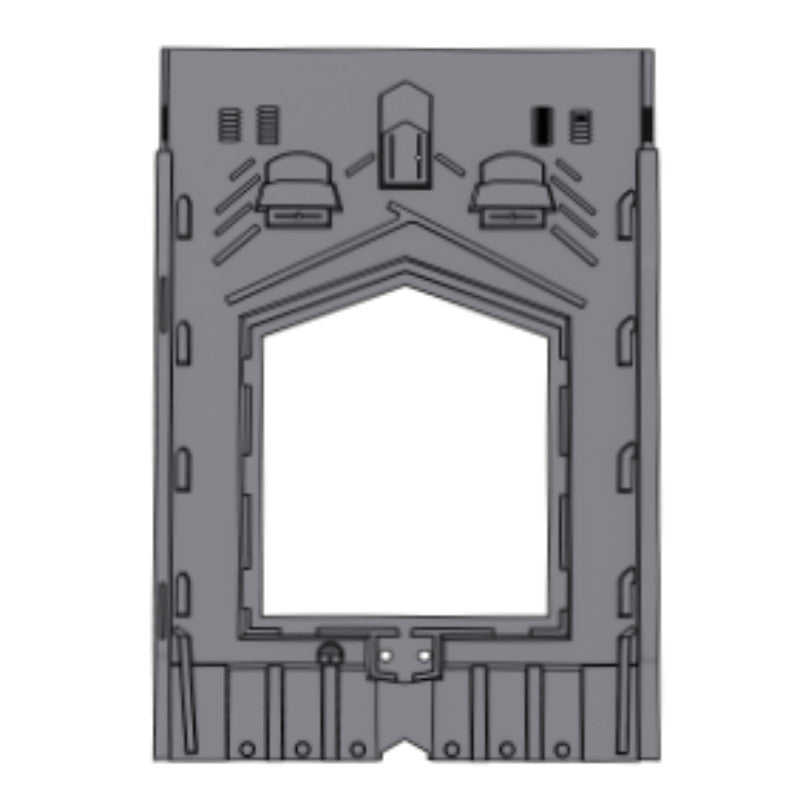 Gray metal bracket with a central rectangular opening on a white background