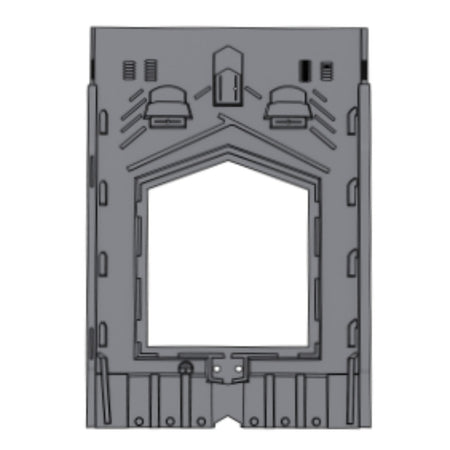 Gray metal bracket with a central rectangular opening on a white background