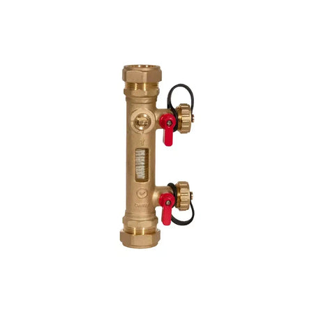 Brass valve with red and black components on a white background