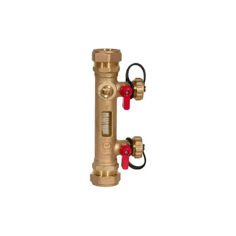 Brass valve with red and black components on a white background