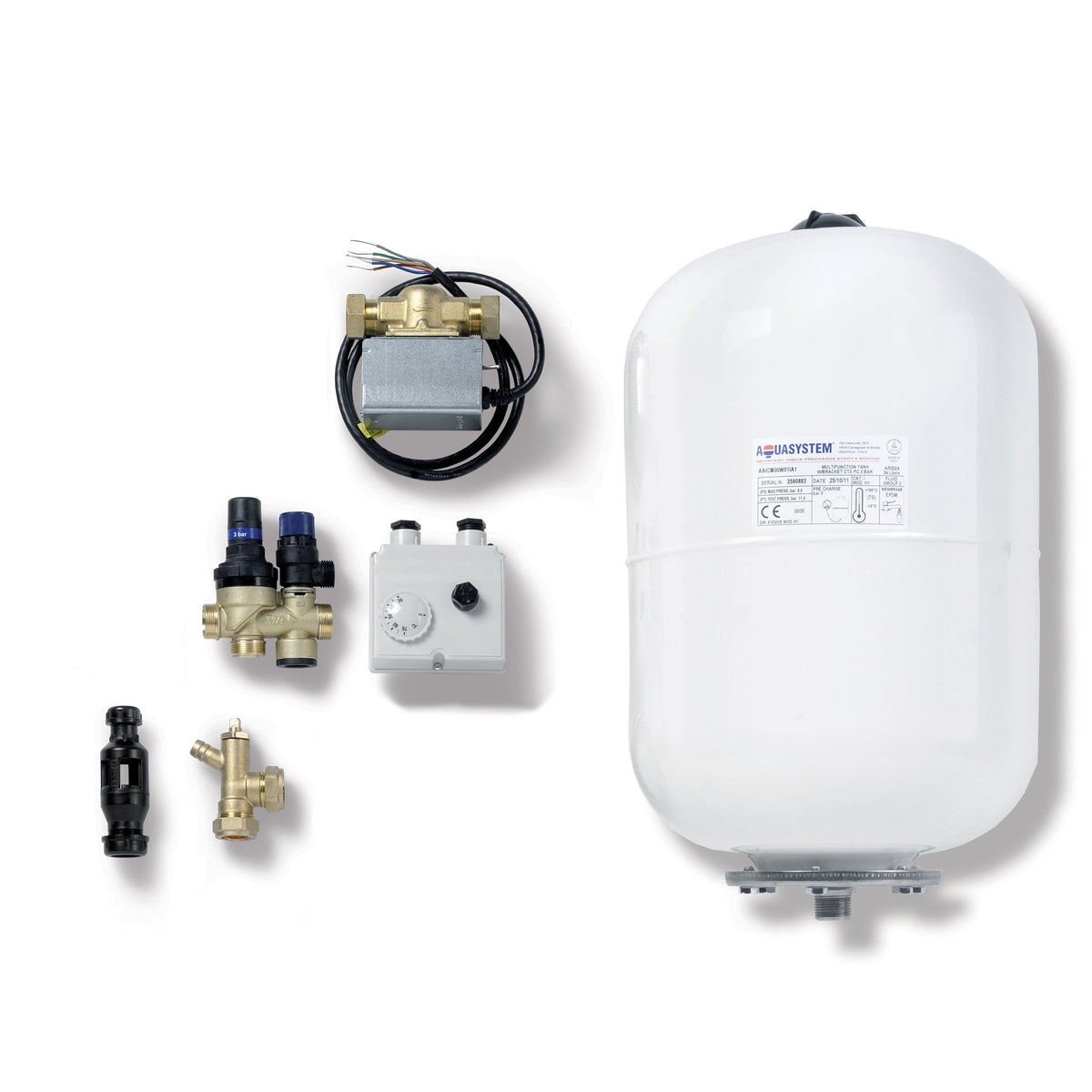 Ideal Pro 90 L Indirect Cylinder components including valves and control kit for unvented cylinder installation.