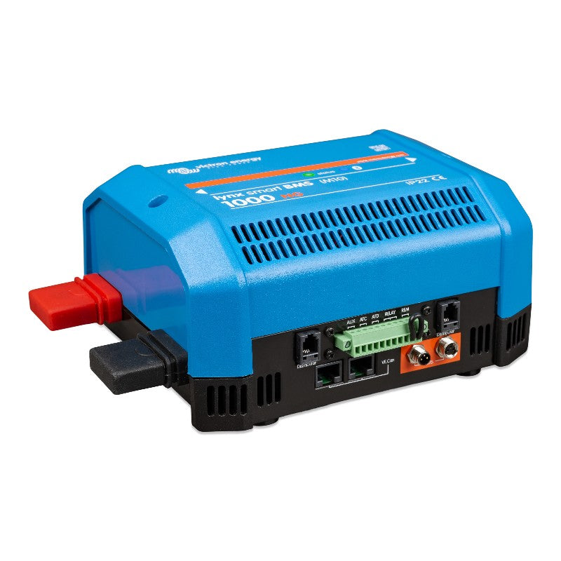 Victron Blue power BMS with red and black connectors on a white background