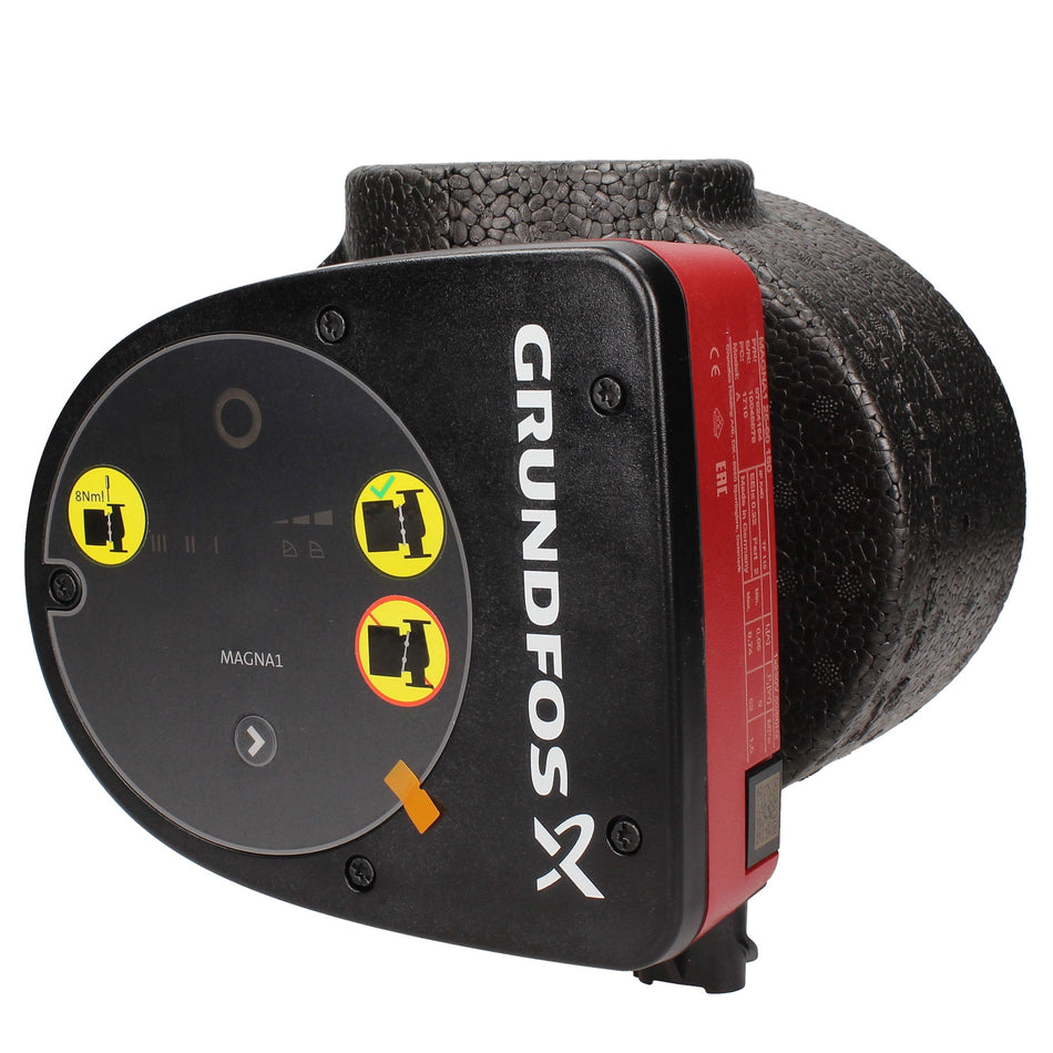 A Grundfos circulating pump motor with a black faceplate, red side panel, and textured black cylindrical body, shown on a white background.