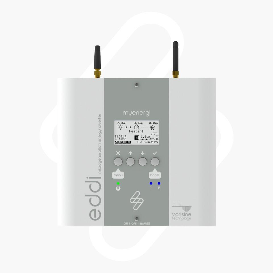 Myenergi eddli micro grid energy device on a white backgroundmyenergi eddi 2.1 Solar Energy Diverter – Single Phase, WiFi & Ethernet