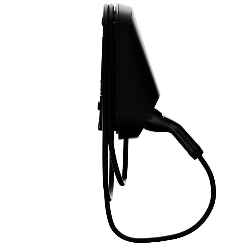 Black electronic device with a cable on a white background