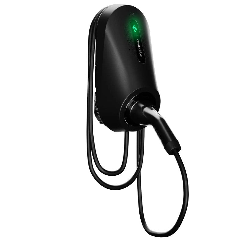 Black electric vehicle charging cable with a green light on a white background