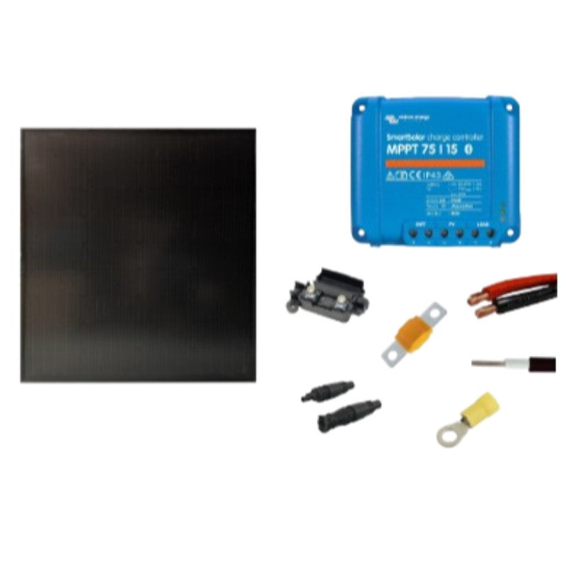 Solar panel and charge controller set on a white background