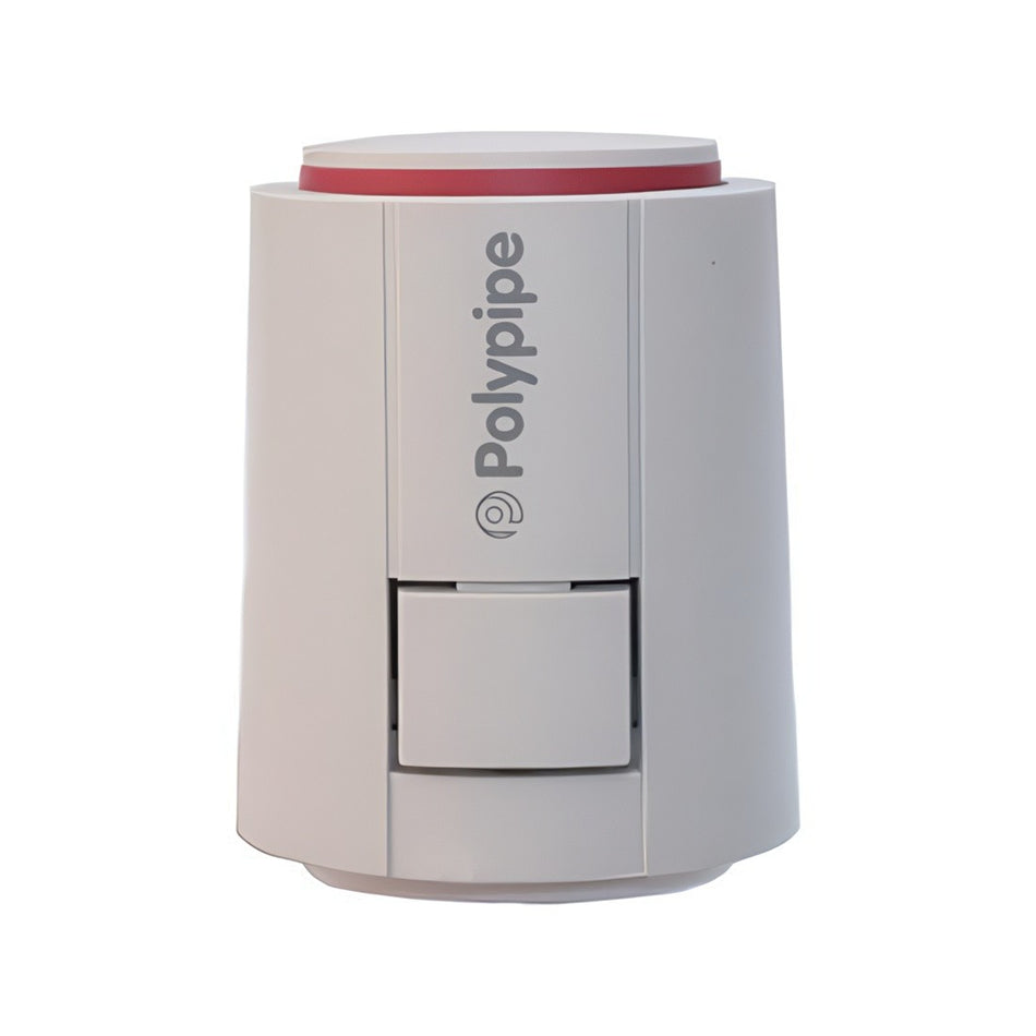 White actuator with red line on top on a white background, featuring the Polypipe logo.