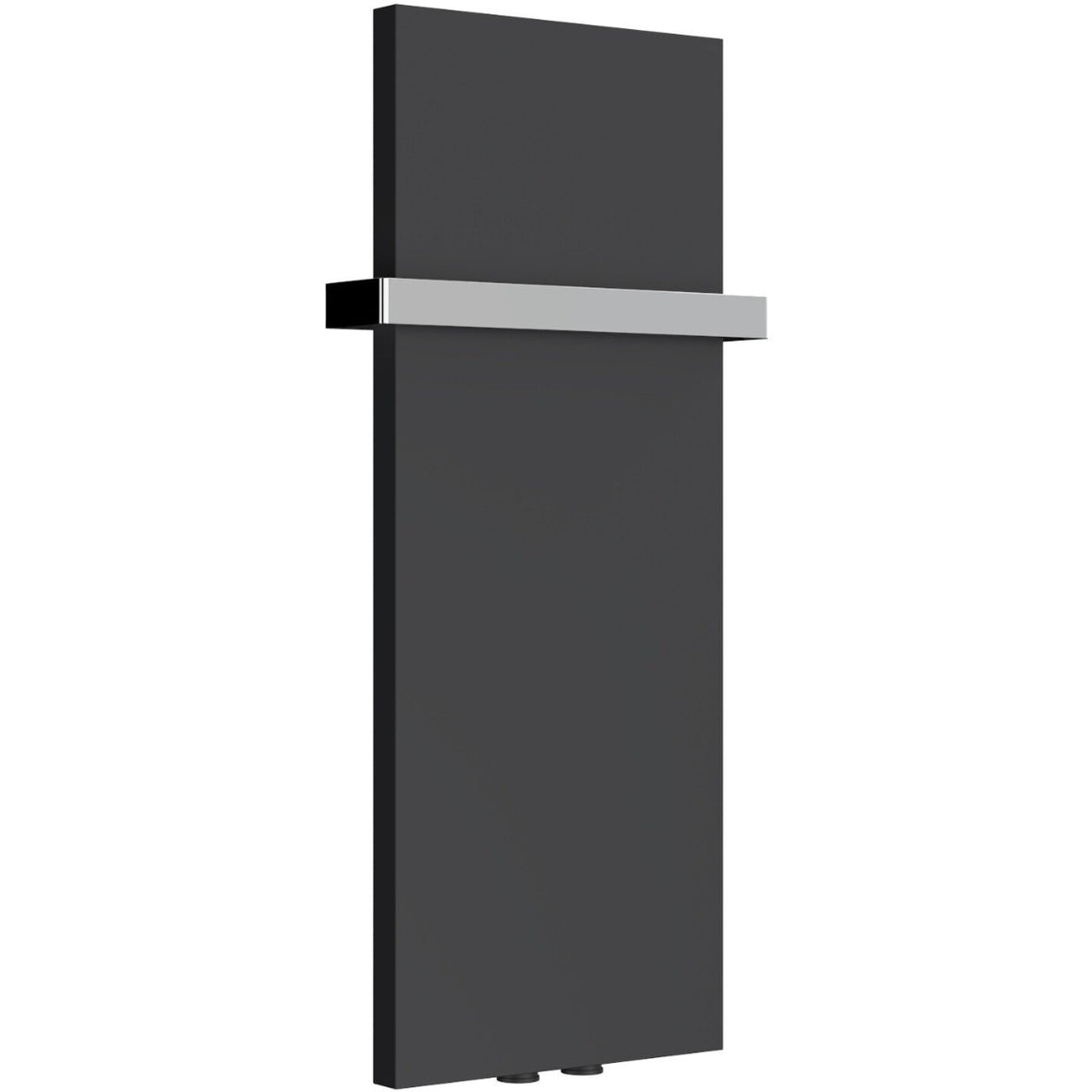 A modern tall-panel radiator with a matte black finish and a horizontal brushed silver metal handle, shown on a plain white background.