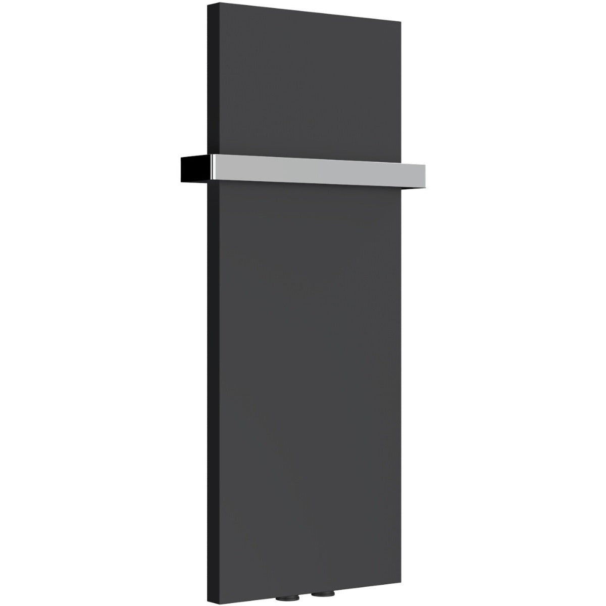 A modern tall-panel radiator with a matte black finish and a horizontal brushed silver metal handle, shown on a plain white background.