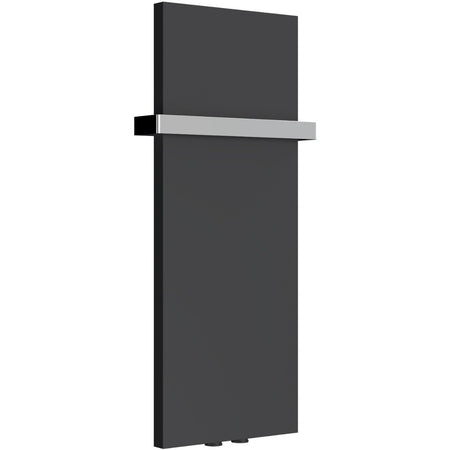 A modern tall-panel radiator with a matte black finish and a horizontal brushed silver metal handle, shown on a plain white background.