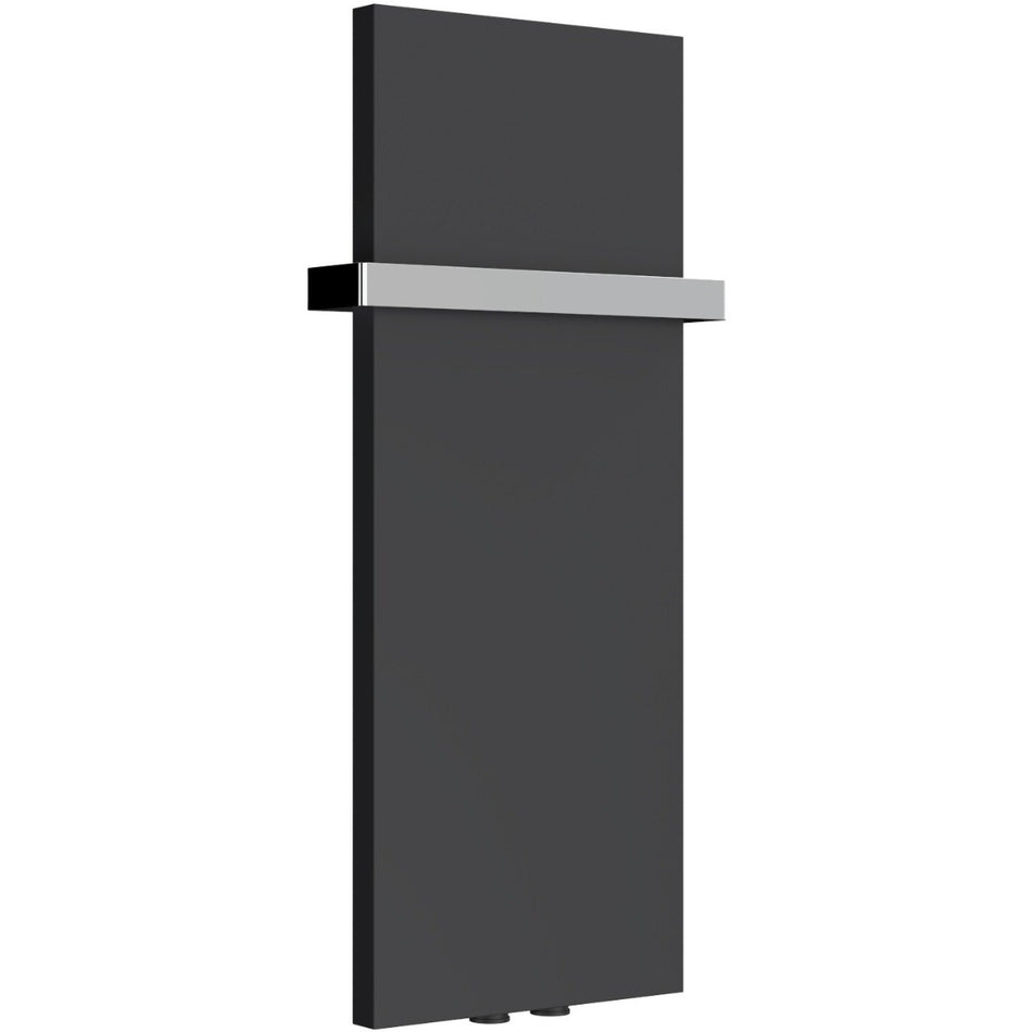 A modern tall-panel radiator with a matte black finish and a horizontal brushed silver metal handle, shown on a plain white background.