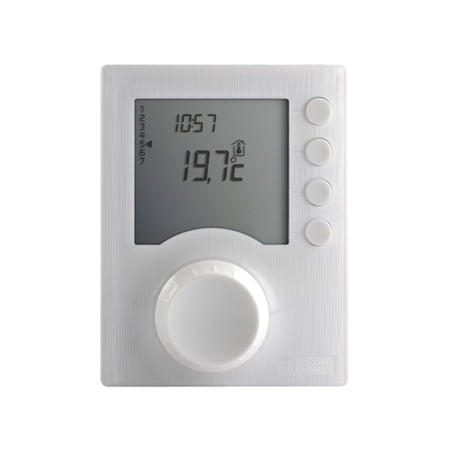 A white digital wall thermostat with a large central rotary dial, four round buttons on the right, and a gray display screen showing temperature and time, isolated on a white background.