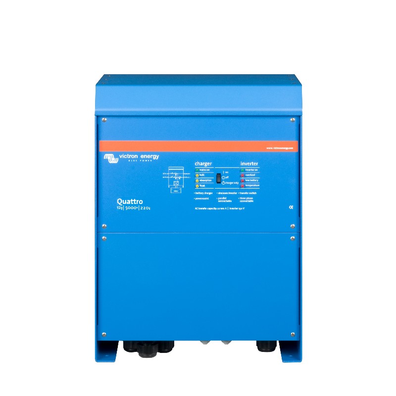 Blue Victron Energy Quattro battery charger/inverter on a white background