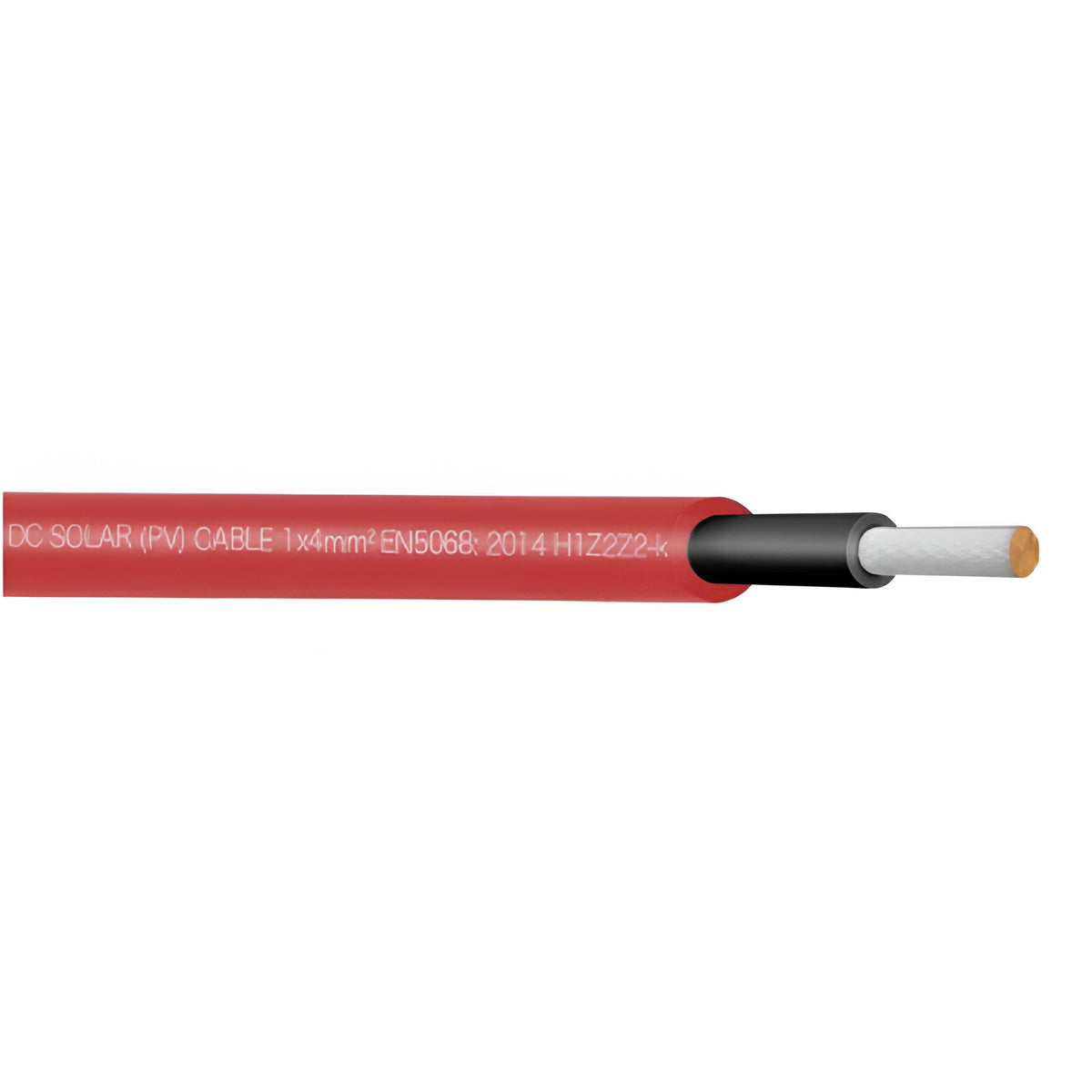 A close-up of a red DC solar PV cable with white printed text, showing a cross-section of the cable with a black inner layer and a white outer wire.