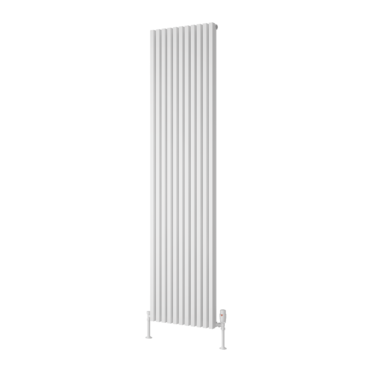 A tall, narrow white panel radiator shown on a plain white background, with visible support feet and a valve at the bottom.