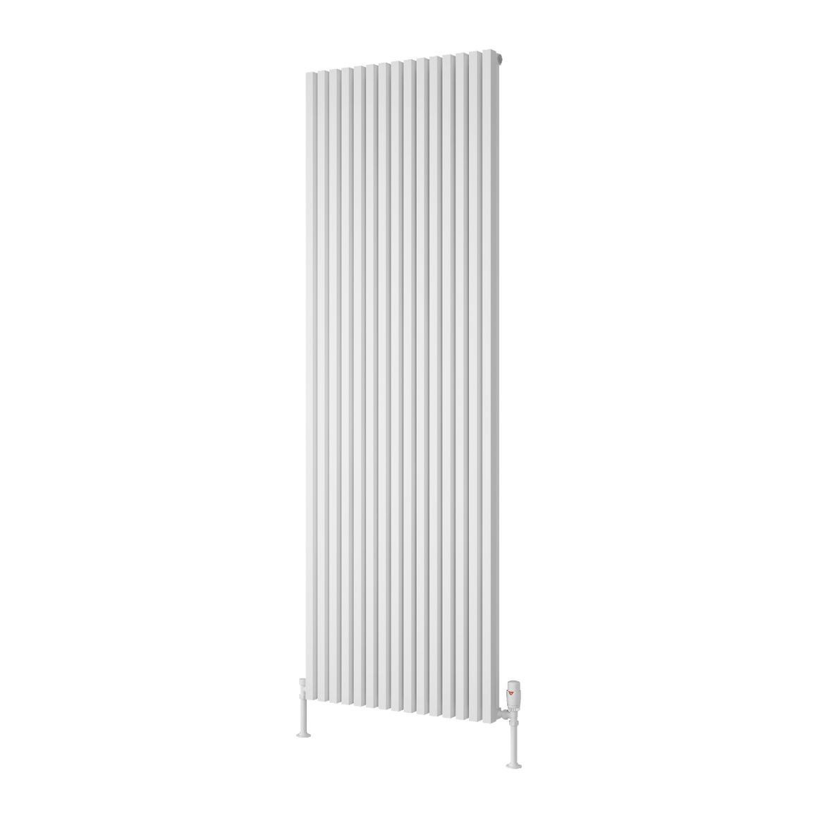 A tall, white vertical panel radiator with a ribbed design, shown against a plain white background.
