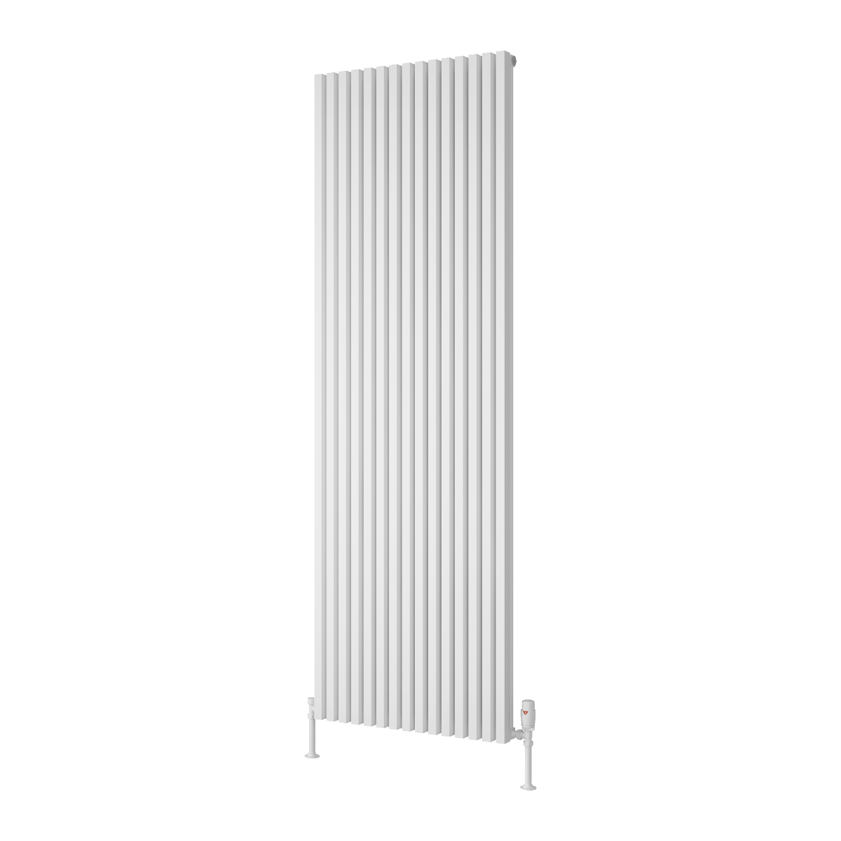 A tall, white vertical panel radiator with a ribbed design, shown against a plain white background.