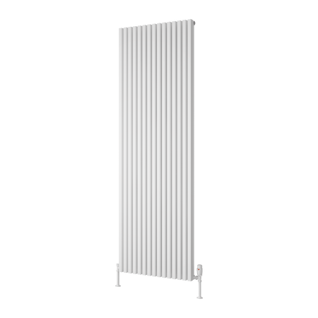A tall, white vertical panel radiator with a ribbed design, shown against a plain white background.