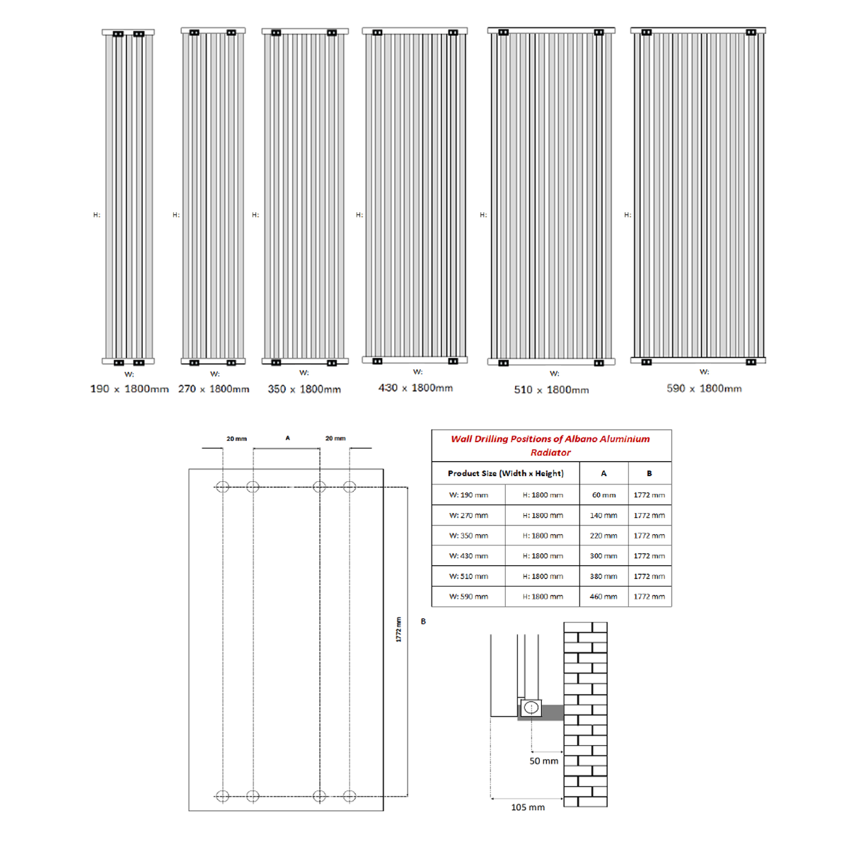Dimensions and specifications of Reina Albano A-ABN18026S Vertical Radiator in silver, showcasing various sizes available.