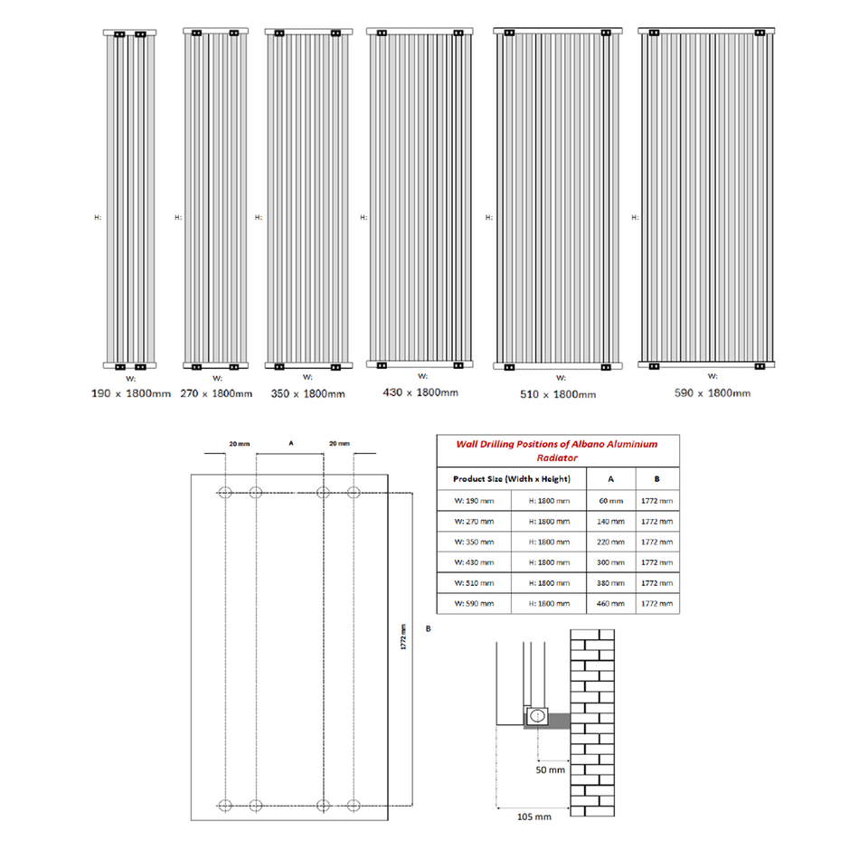 Reina Albano A-ABN18050W White Vertical Radiator 510mm x 1800mm