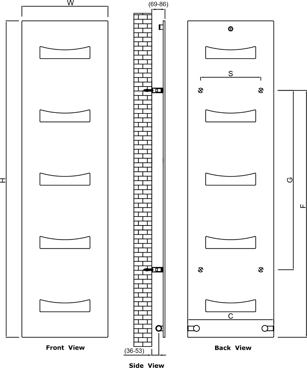 Technical drawing of Reina Ancora RND-AN418A anthracite radiator with dimensions and front, side, and back views.