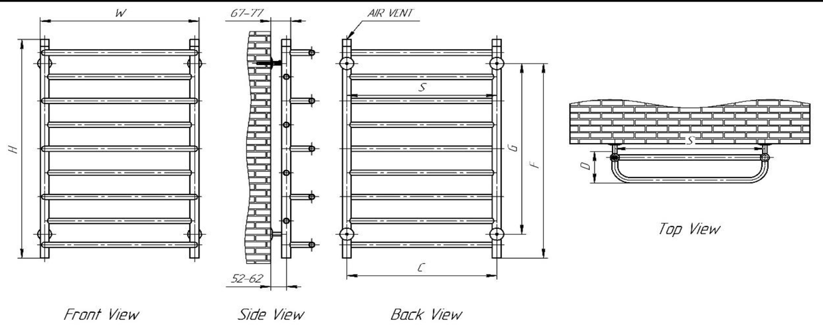 Technical drawing of Reina Belbo RNS-BLB154 Towel Rail with front, side, back, and top views dimensions.