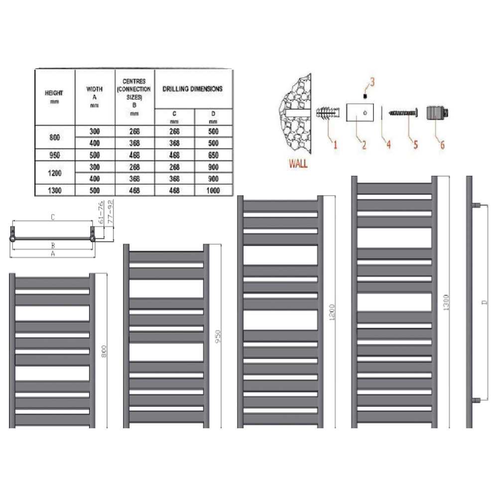 Reina Carpi RND-CRP5095 towel rail dimensions and installation guide for 500mm x 950mm chrome towel rail.