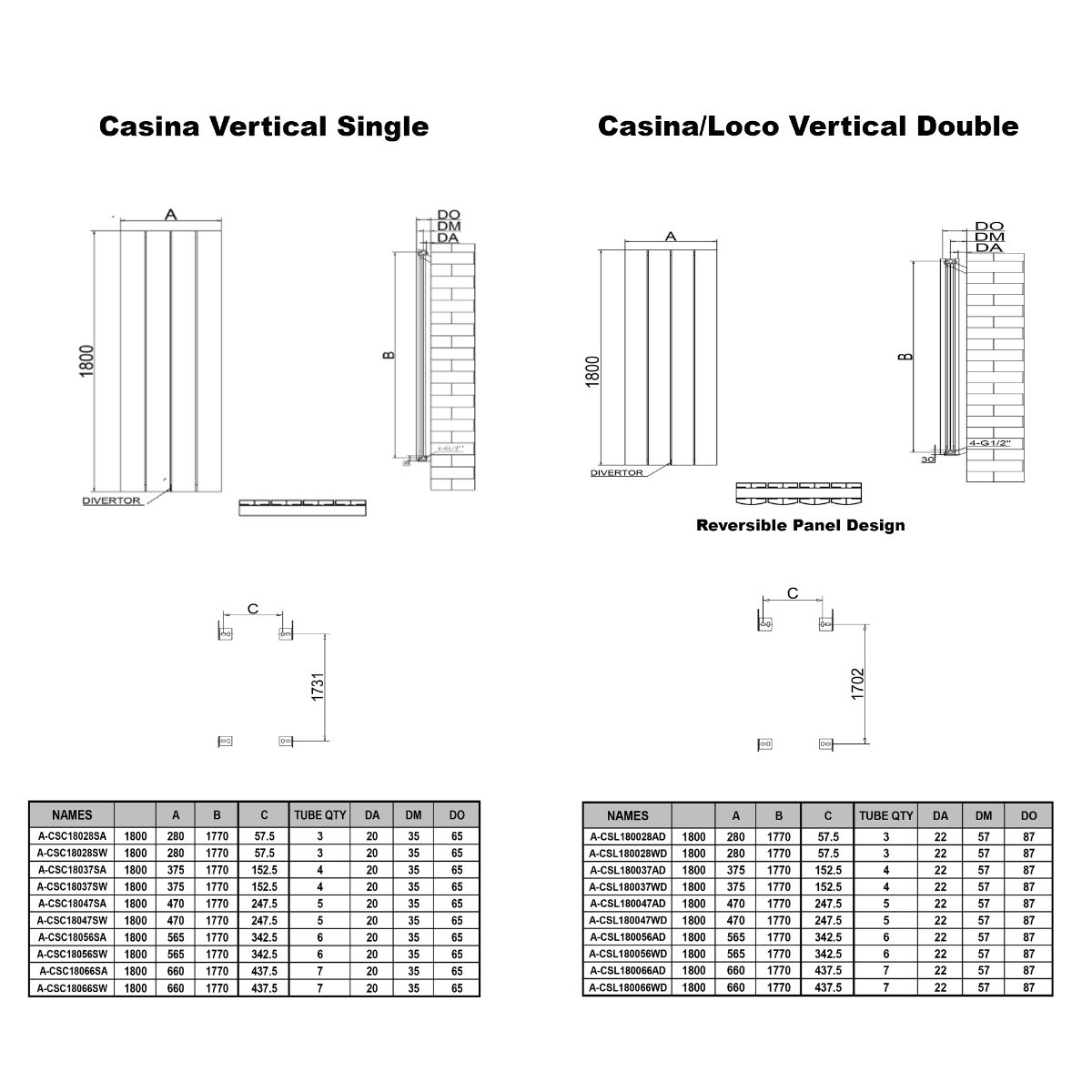 Dimensions for Reina Casina Single and Double Vertical Radiators showing sizes and specifications.