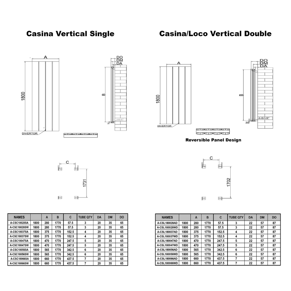 Reina Casina A-CSN180056WS Single White Vertical Radiator 565mm x 1800mm